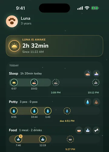 DogsLife's home screen: today's sleep, potty, food and activity lanes with the next break predicted