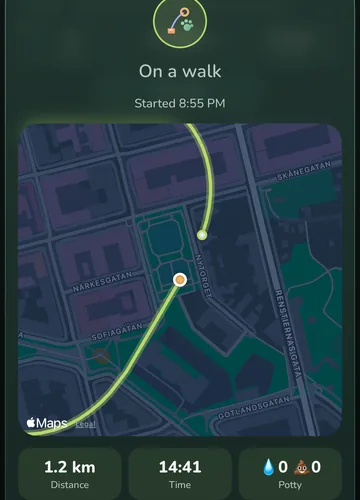 Gassi-Tracking in DogsLife: die Route auf einer Karte mit Strecke, Zeit und Buttons für Pipi und Häufchen