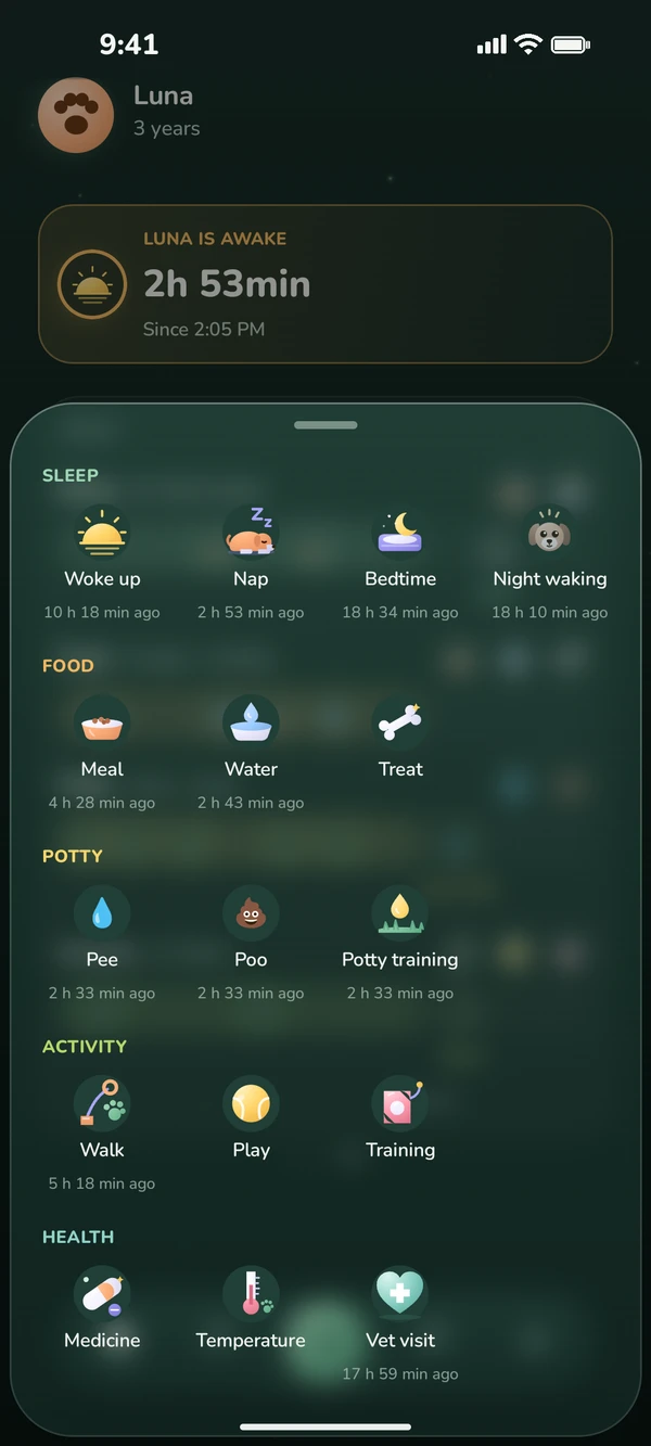 DogsLife + sheet grouped by Sleep, Food, Potty, Activity and Health