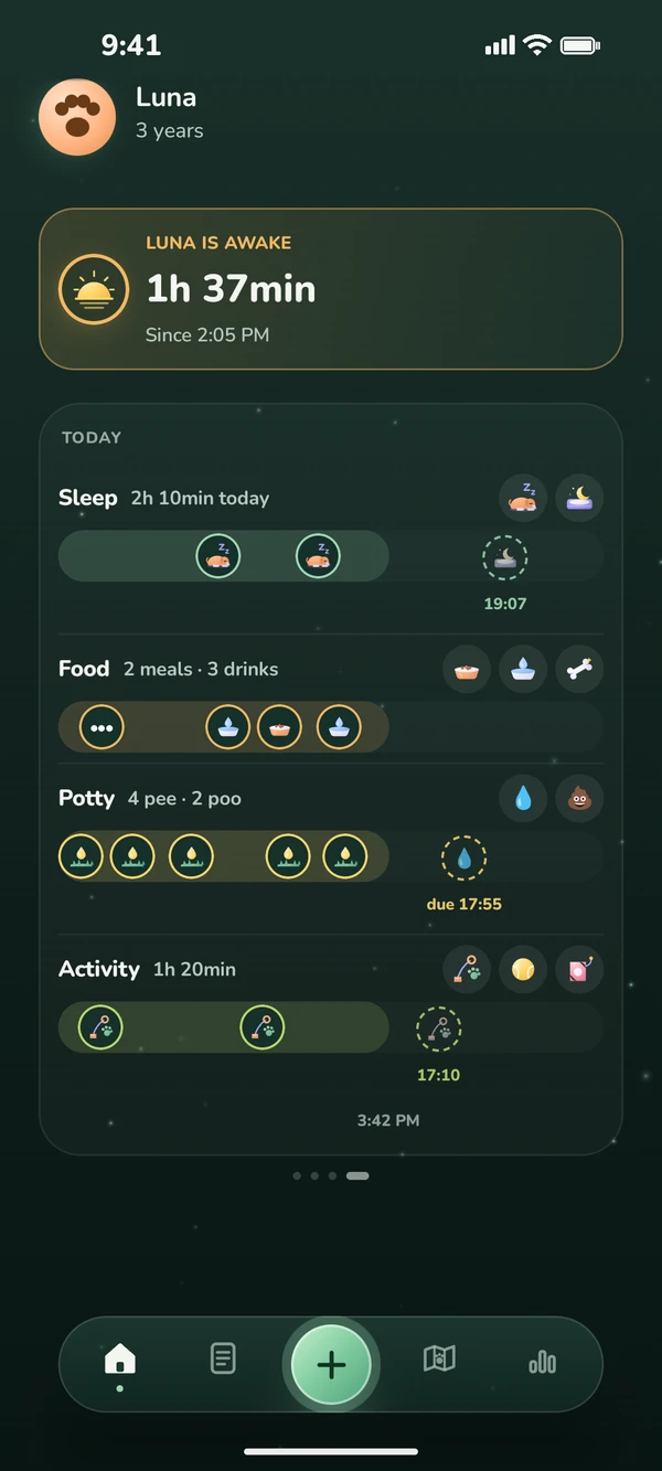 Awake card and dashed predictions for the next nap, meal and walk