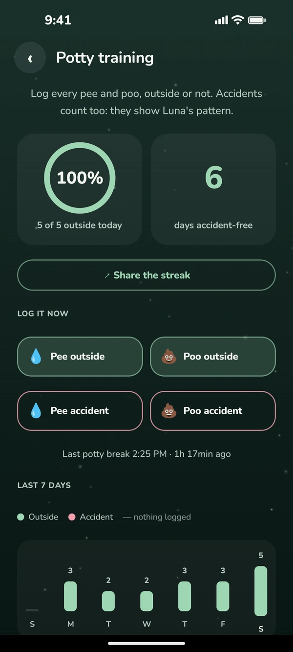 Potty training: accident-free streak, one-tap logging and the last 7 days